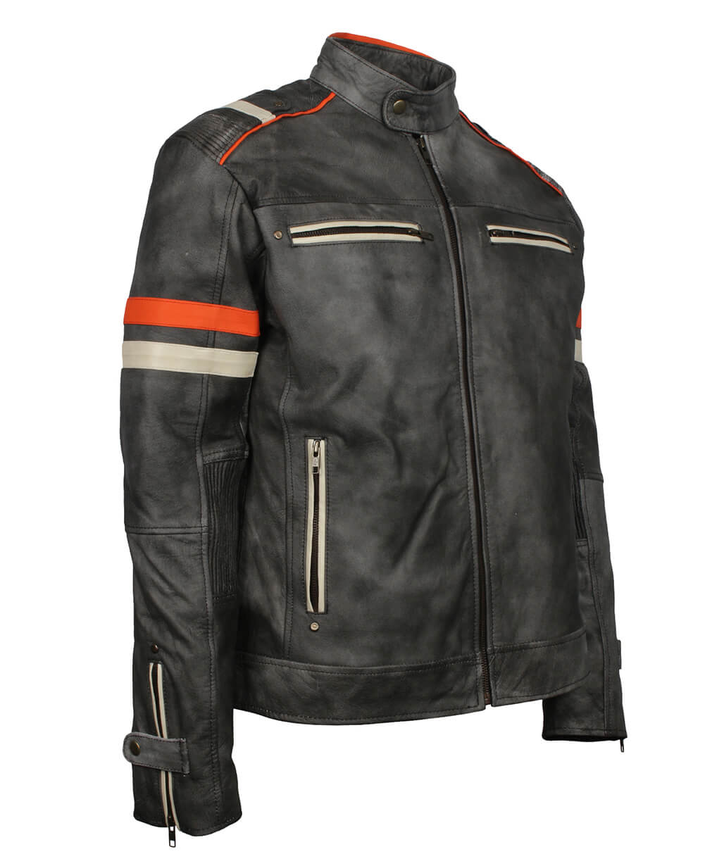 MDM Retro Men's Cowhide Leather Motorcycle Jacket - 80's Old School Style With Protector Pockets (Black/Green)