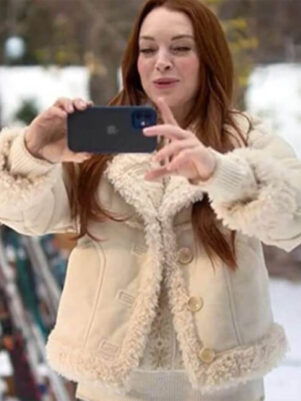 Lindsay Lohan Falling for Christmas White Suede Leather Jacket